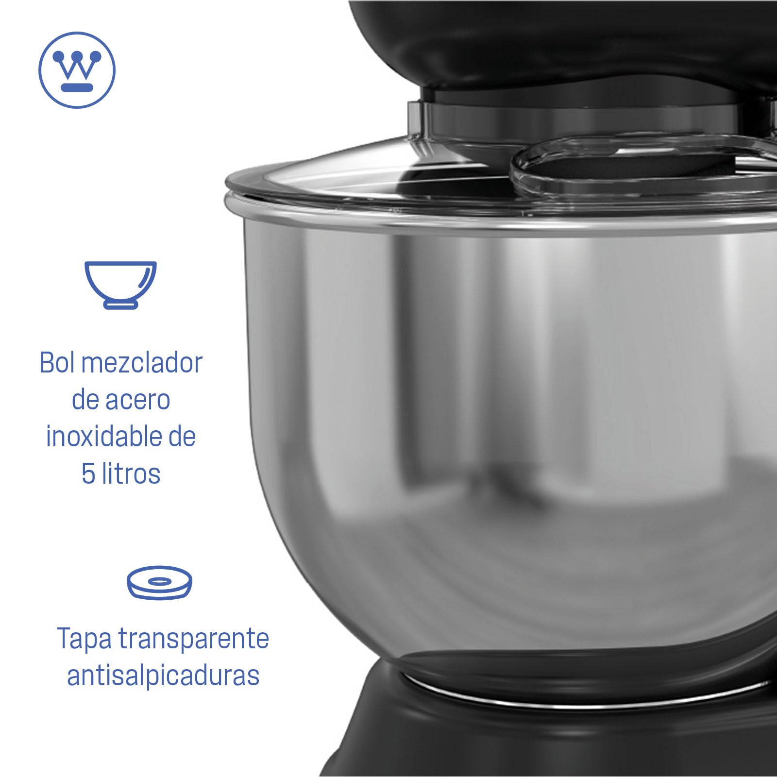 Westinghouse Batidora de pie Retro - 1200W - Tazón de cocina 5L - Robot de cocina - Batidora de cocina - Procesador de alimentos - Negro