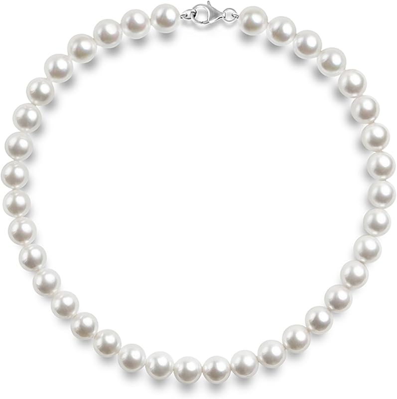 PAVOI Collar de perlas redondas de concha de imitación de plata de ley 925 | Collar de gargantilla de perlas | Joyas para Mujer | Collar con cuentas de perlas redondas, elegante collar de gargantilla de perlas
