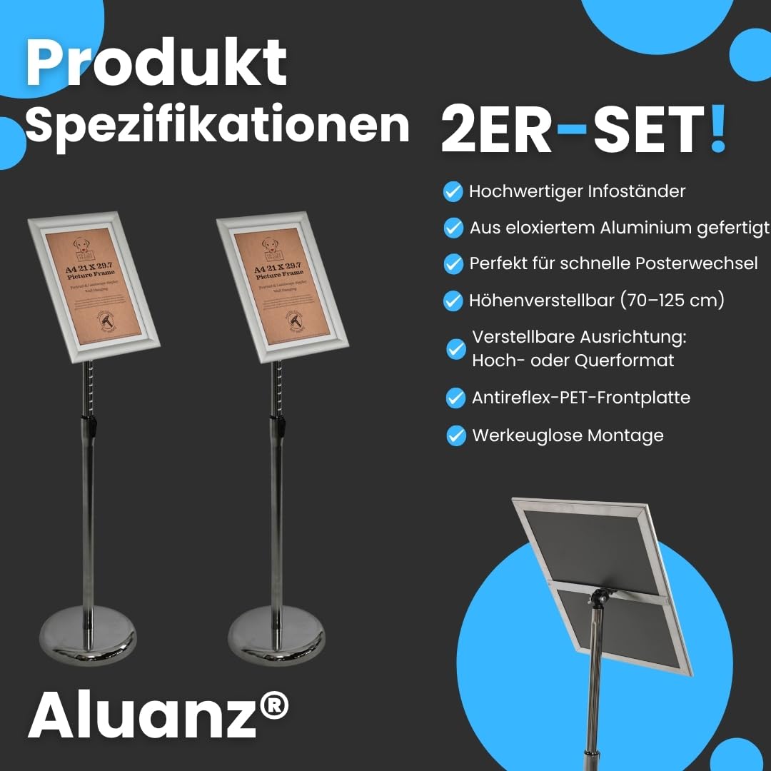Infoständer Höhenverstellbar, A4, Silber, 2 Stücks | Informationsständer, Bodenständer aus Aluminium, Drehbarer Präsentationsständer, Posterständer, Plakatständer