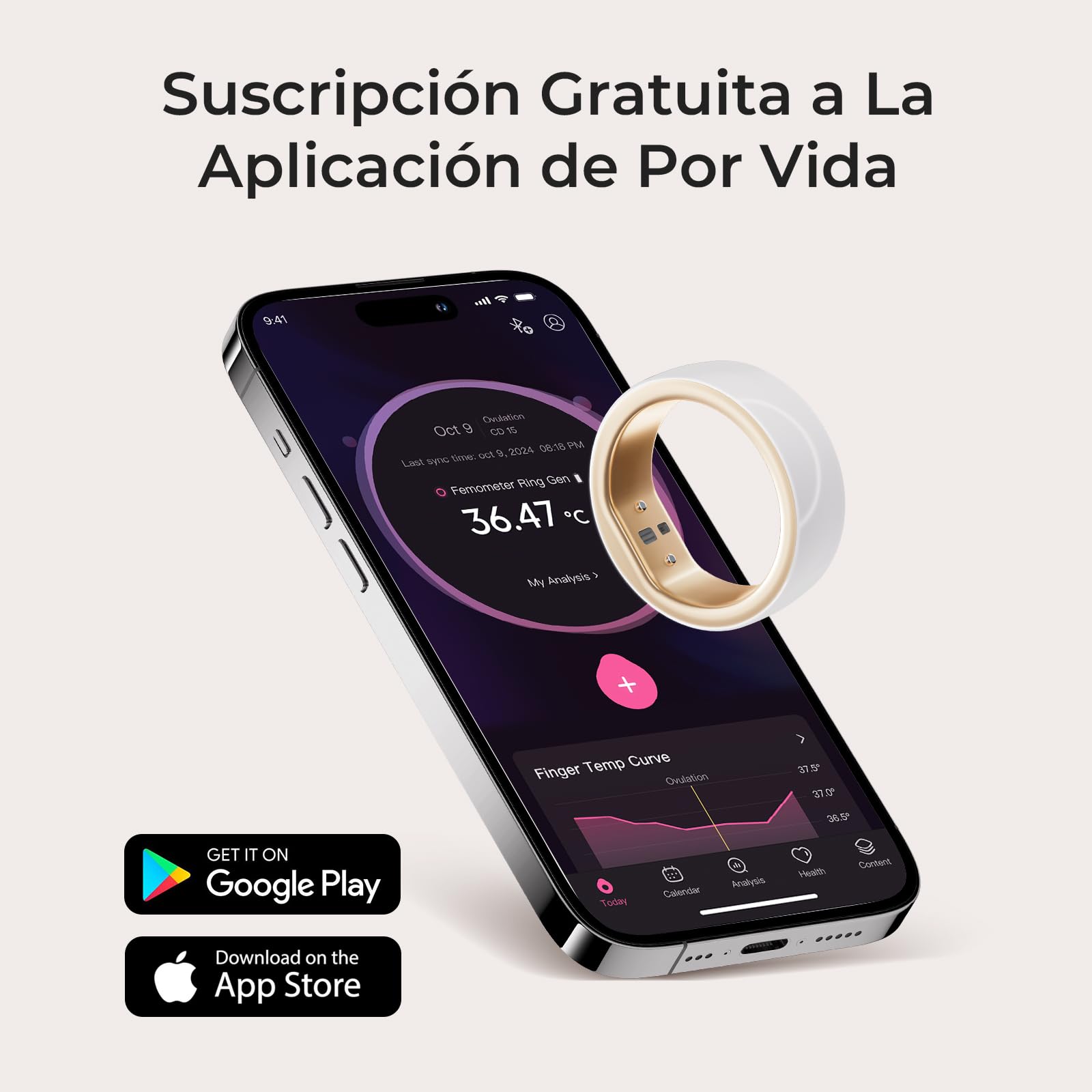 Femometer Anillo Gen2 Monitor Menstrual Fertilidad Ovulación Pulsómetro para Dormir Compañero de Fitness Compatible con iOS/Android Talla 6