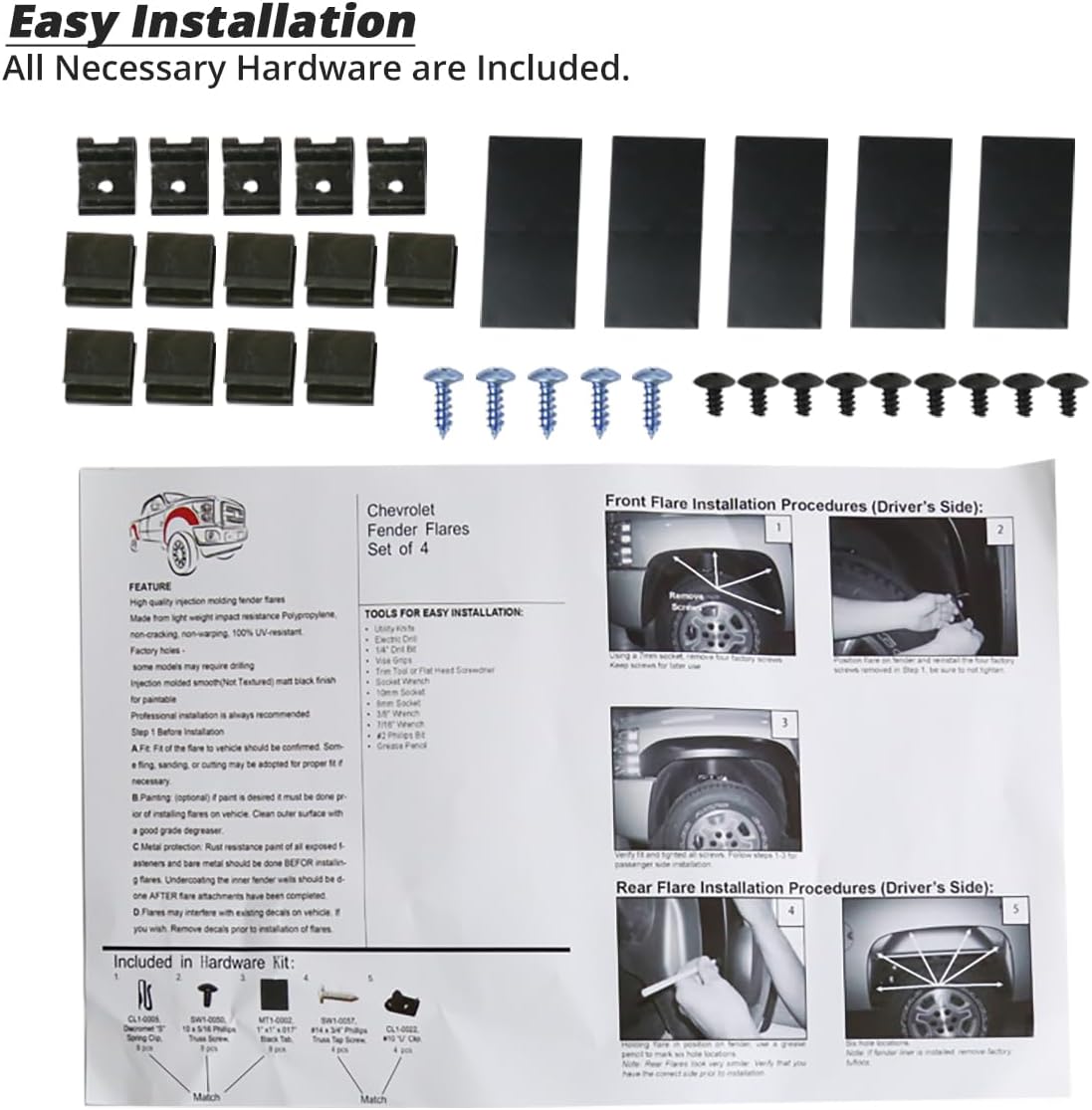 Spec-D Tuning Black Fender Flares Compatible with 2007-2013 Chevy Silverado 1500 2500HD 3500HD Fleetside, Front + Rear, Left + Right Pairs
