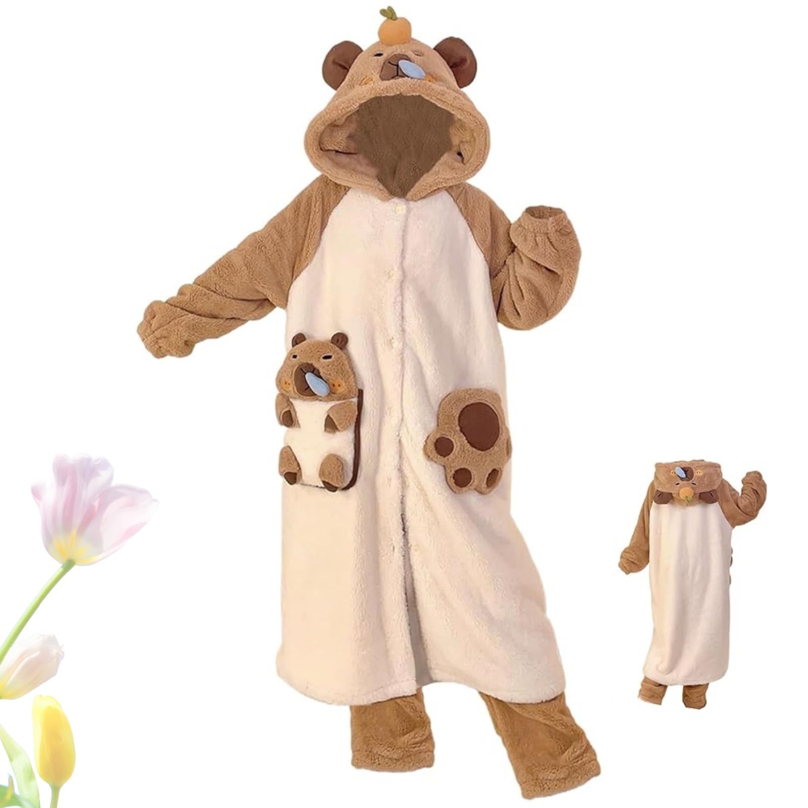 FJZFXKZL Womens Dressing Gowns, Capybara Coral Fleece Home Robe, Pajamas Set With Pockets, Nightgowns Housecoat(M)