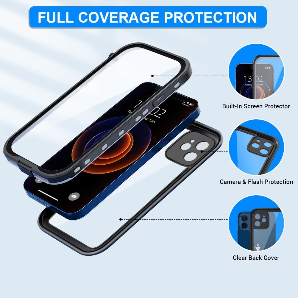 Waterproof Case for iPhone 12 Mini, IP68 Full Coverage Protective Waterproof/Shockproof/Dustproof Phone Case with Built-in Screen Protector for Apple iPhone 12mini 5.4 Inch(Black) - Image 4