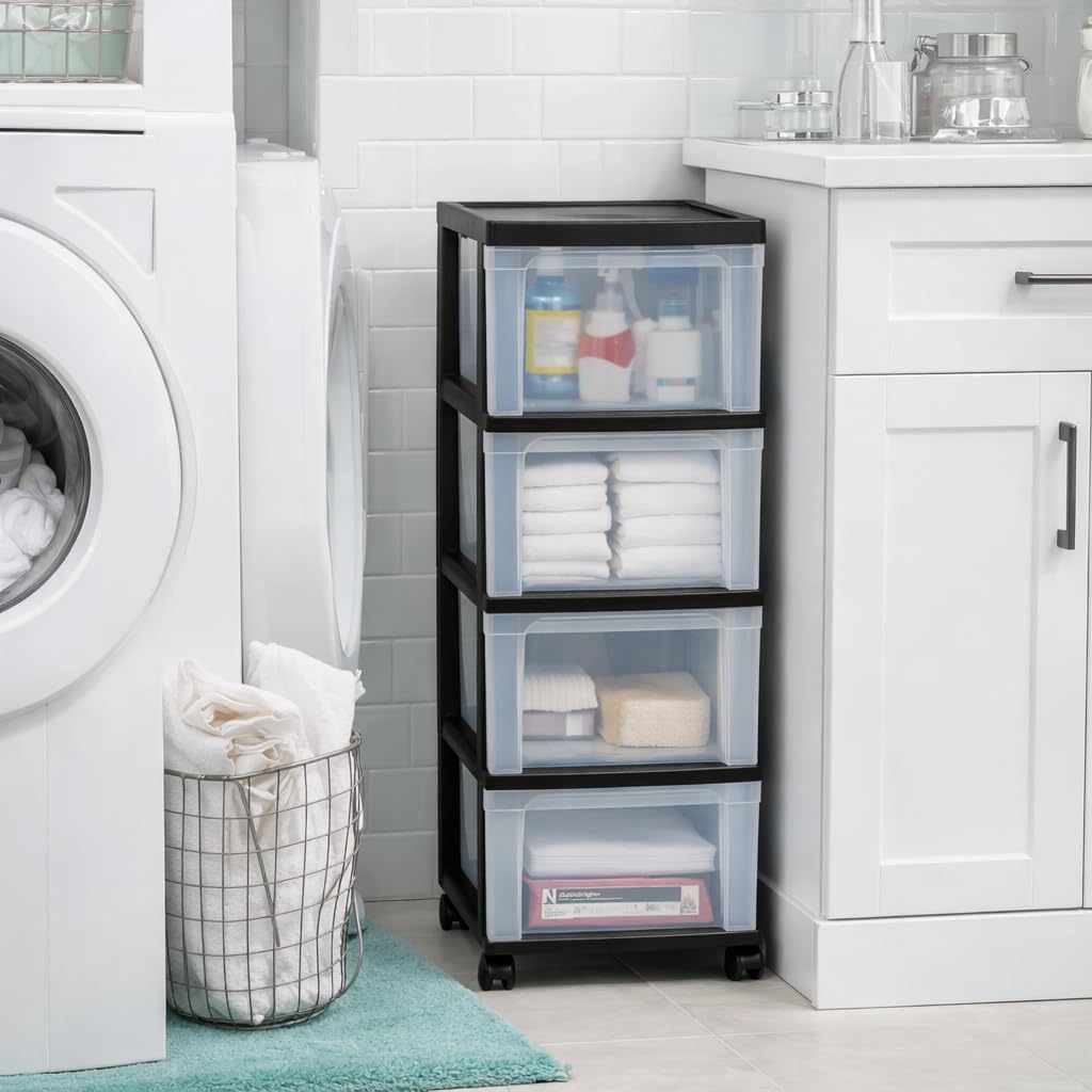 4-Drawer Narrow Plastic Storage Cart with Wheels | Rolling Organizer for Kitchen, Desk | Durable Black Storage Drawers, Stackable & Multi-Purpose | Under Desk Storage Solution