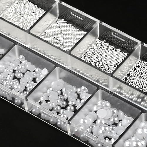 Miniatura 9 de Dornail 1 caja12 rejillas para arte de uñas, perlas blancas para uñas, cuentas de perlas semicirculares, pequeñas cuentas de acero inoxidable,