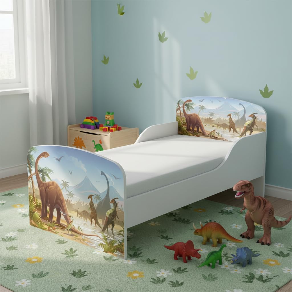 leomark Letto per bambini in legno, lettino con materasso, magnifiche stampe, spazio per dormire 140x70 cm, mobili per bambini, rete a doghe, atrezzatura stanza per bambino, motivo: DINOSAURI