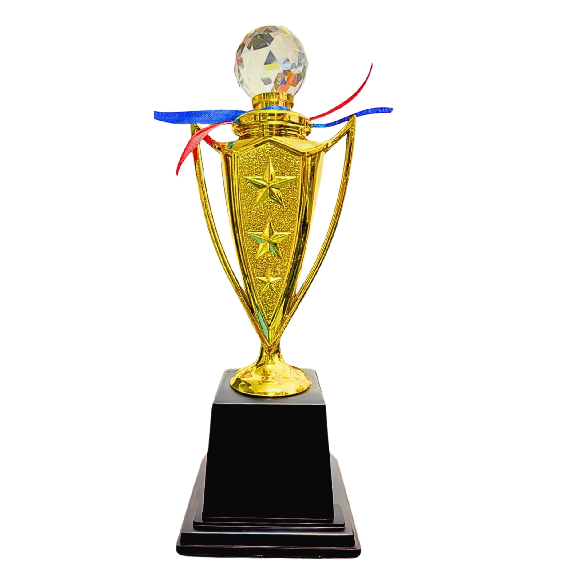 Premium Crystal Trophy with Gold Star Design, 11 Inches, Black Base, Crystal Top, Red and Blue Ribbons, Free Logo Printing, Writings & Customisation Available-picture-22