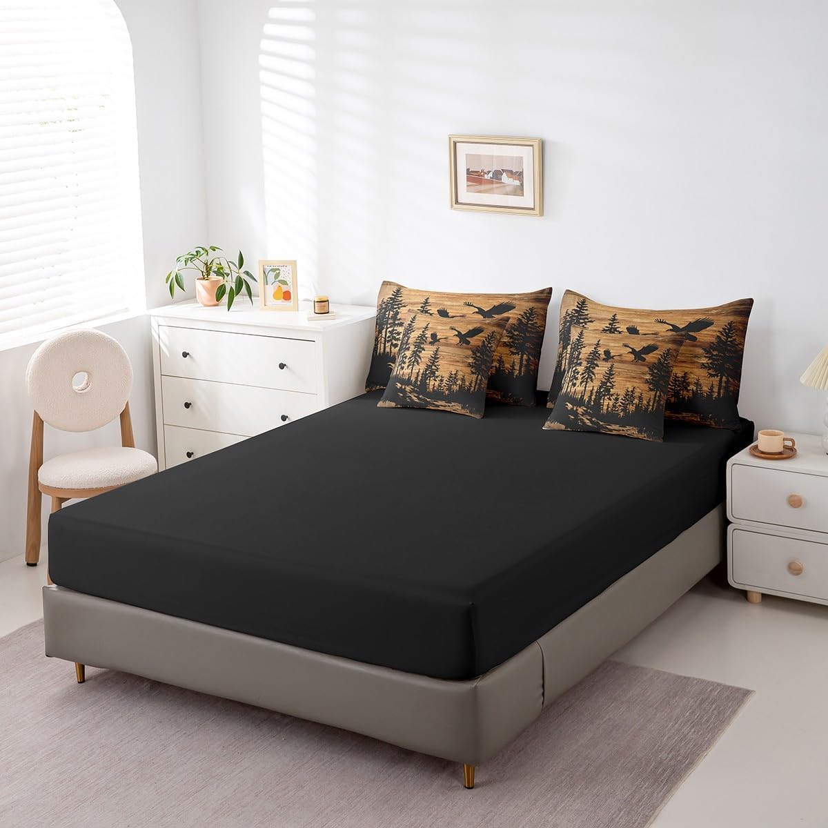 Feelyou Eagle Comforter Set Pieces Queen Size Rustic Cabin Country Bedding Set for Kids Teens Adults Vintage Brown Wood Bed in Bag Comforter Sheets Pillowcases Cushion Covers