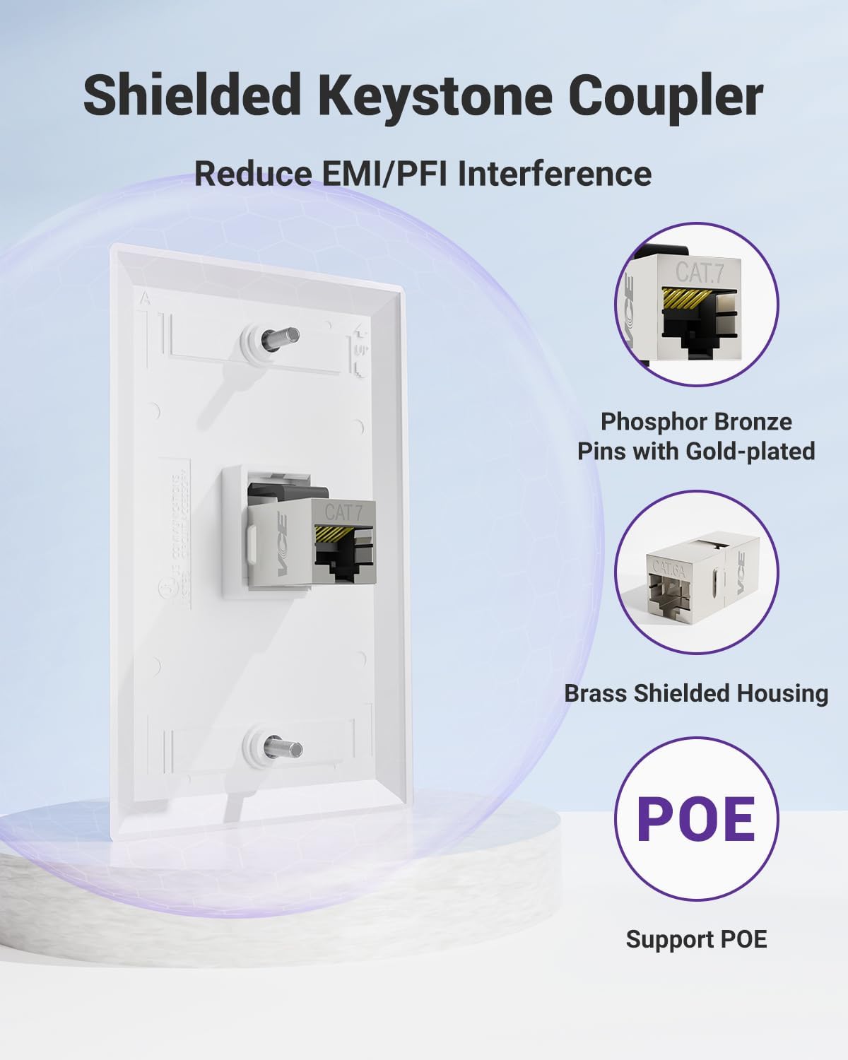 VCE CAT7 Shielded Ethernet Wall Plate UL-listed, 10 Gbps RJ45 Wall Outlet with Single Gang Low Voltage Mounting Bracket, Silver 2-Pack