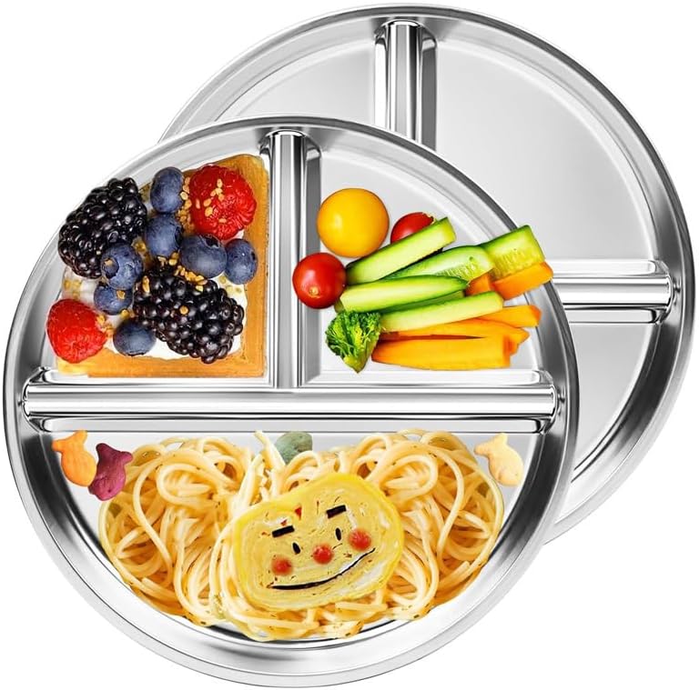 304 stainless steel dinner plates 6 pack, 9.05’’round Control Plate Divided Plates, Ideal for children,adults, lunch tray,camping food tray dishwasher-safe (6, 9.05'' Round)
