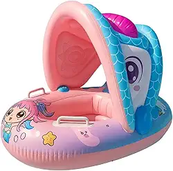 Boia Infantil Piscina Bebê Inflável com Assento Pezinho e Cobertura de Proteção para Crianças 6 Meses à 3 Anos Praia Verão