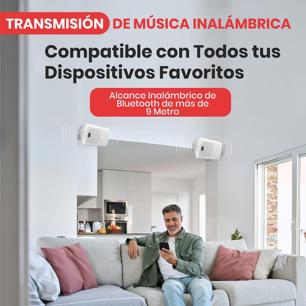 Pyle Sistema de par de Altavoces, Activo, Pasivo, Resistentes a la Intemperie, Inalambricos, Sonido Estereo, Interiores, Exteriores, AUX, Bluetooth, Blanco