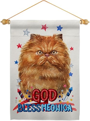 Breeze Decor Juego de banderas de jardín persa patriótica bronceada de madera para gato, gatito, miow, pata estropeada, mascota, naturaleza, granja,