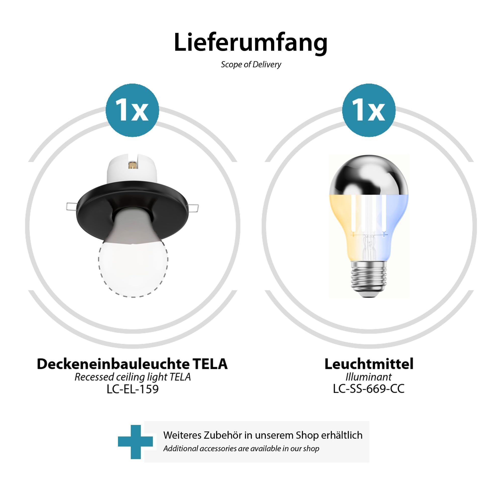 ledscom.de 2x Porzellan Decken-Einbauleuchte TELA schwarz, inkl. E27 LED Lampe 486lm, Smart Home, warmweiß - kaltweiß