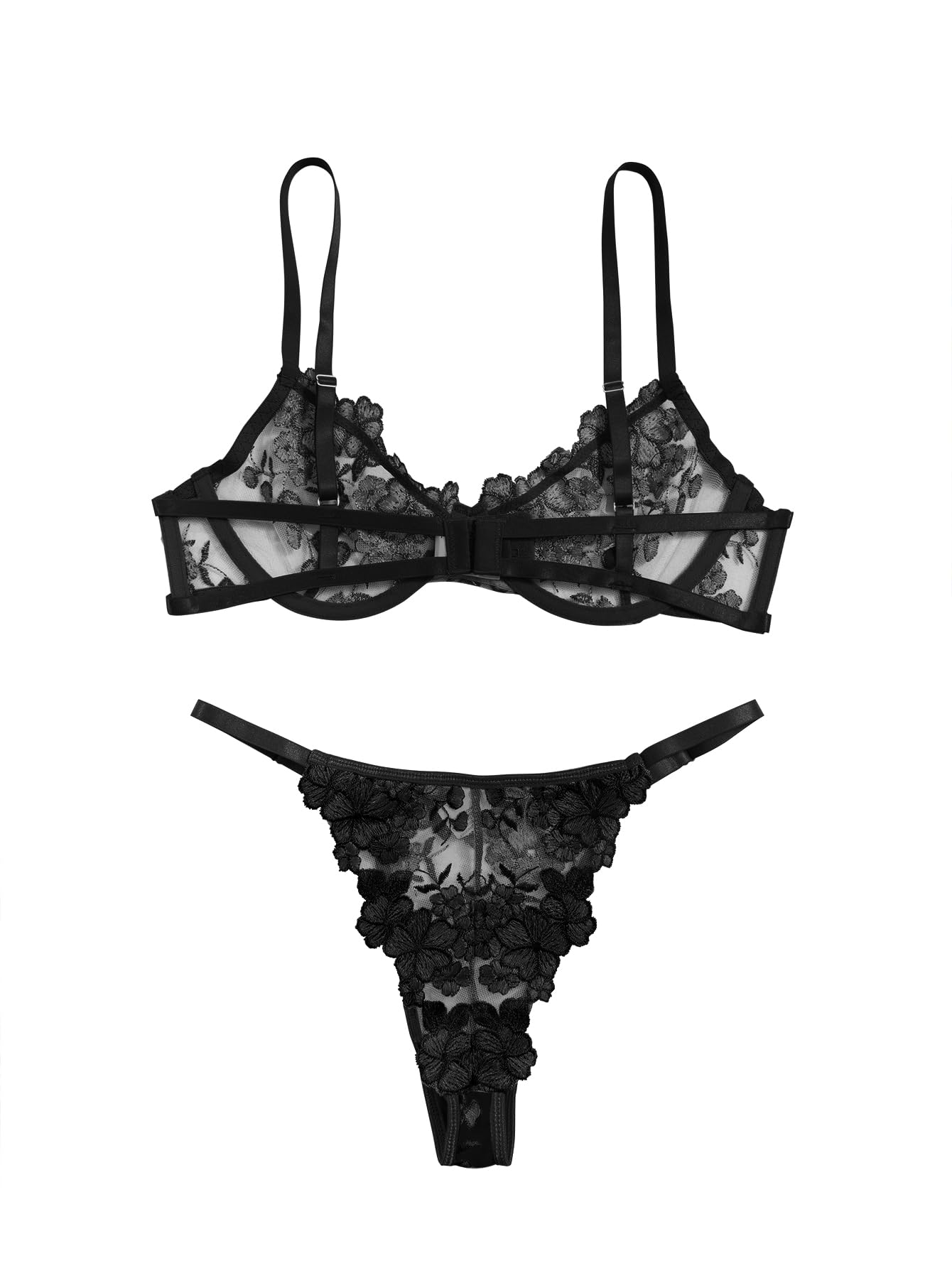 Lilosy Sexy Floral Embroidered Mesh Sheer Underwire Lingerie Set: Floral X-Small Floral Black