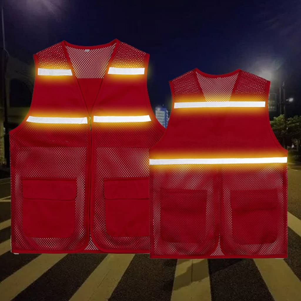 Chaleco reflectante de alta visibilidad Chaleco de seguridad de malla reflectante Chaleco reflectante liviano Bolsillos con cremallera Chaqueta reflectante de seguridad para voluntarios (Rosso 4