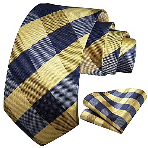 Image of HISDERN Ties for Men Formal Business Plaid Checked Mens Ties and Pocket Square Set Classic Wedding Necktie Handkerchief