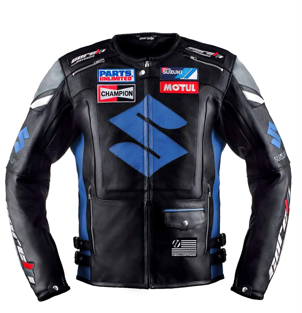 Corelli MGSuzuki Blue Motorcycle Racing Leather Jacket