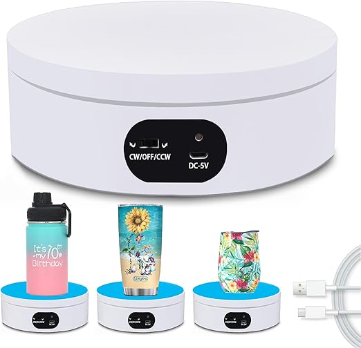 Turner Cup Rotating Display Stand for Epoxy Glitter Tumbler, 360 Degree Automatic Mute Rotating Turntable for Photography Products and Shows. Bling Bling Tumbler Making Supplies Spinner White USB