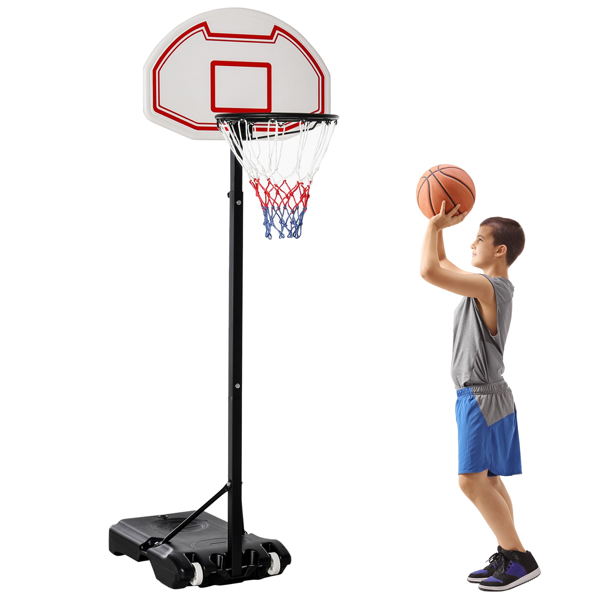 HOMCOM Canasta de Baloncesto Ajustable 155-210 cm Portátil con Ruedas Base Rellenable 30 kg Agua 35 kg Arena Multicolor