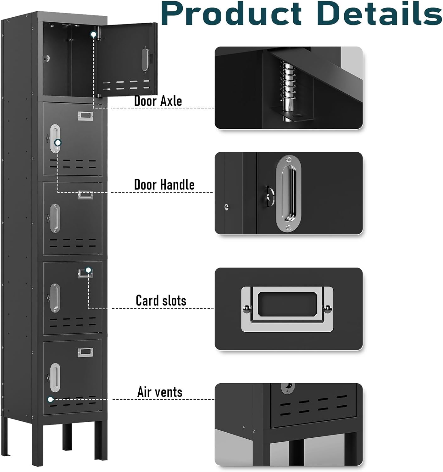 Metal Lockers - 66" Height Steel Lockers for Employees with 5 Door Storage Locker with Card Slot for Employees Gym School Home Office Garage - Assembly Required
