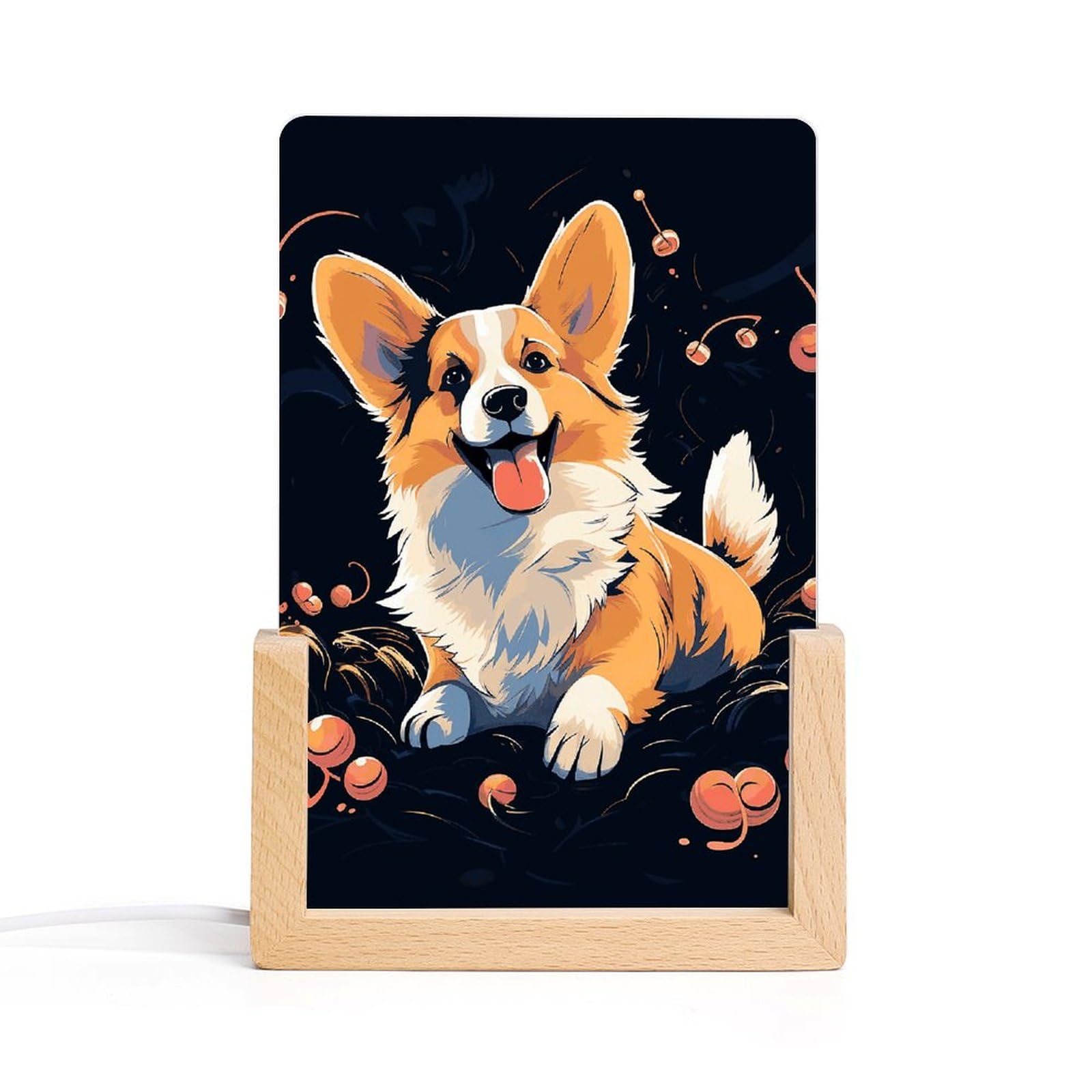 JTREHY Acrylic Night Light,Corgi Dog on Dark Background Printed Wooden Base LED Night Light Modern Home Decoration Light with USB Switch Cable for Bar Cafe Bedroom Room Decoration