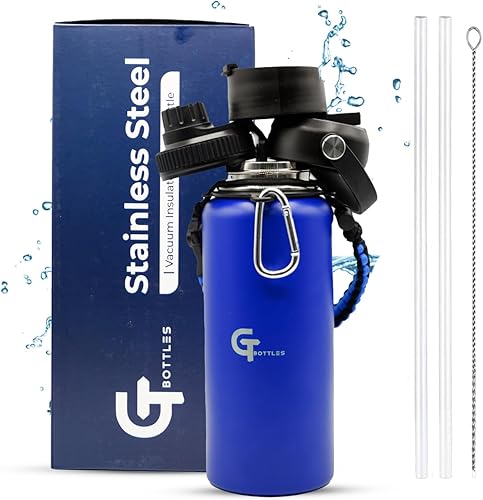 Miniatura 13 de Botella de agua de boca ancha aislada al vacío de acero inoxidable de 25 onzas con 3 tapas y mango de paracaídas para bebidas calientes y frías