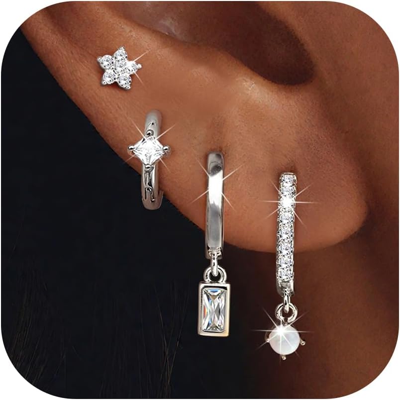 MILACOLATO 4 Pairs Silver Earrings for Women, 14K Gold Filled/Sterling Silver Filled Small Stud Hoop Earrings Set for Multiple Piercing, Hypoallergenic Cartilage Huggie Earrings Stacks Trendy Jewelry Gifts