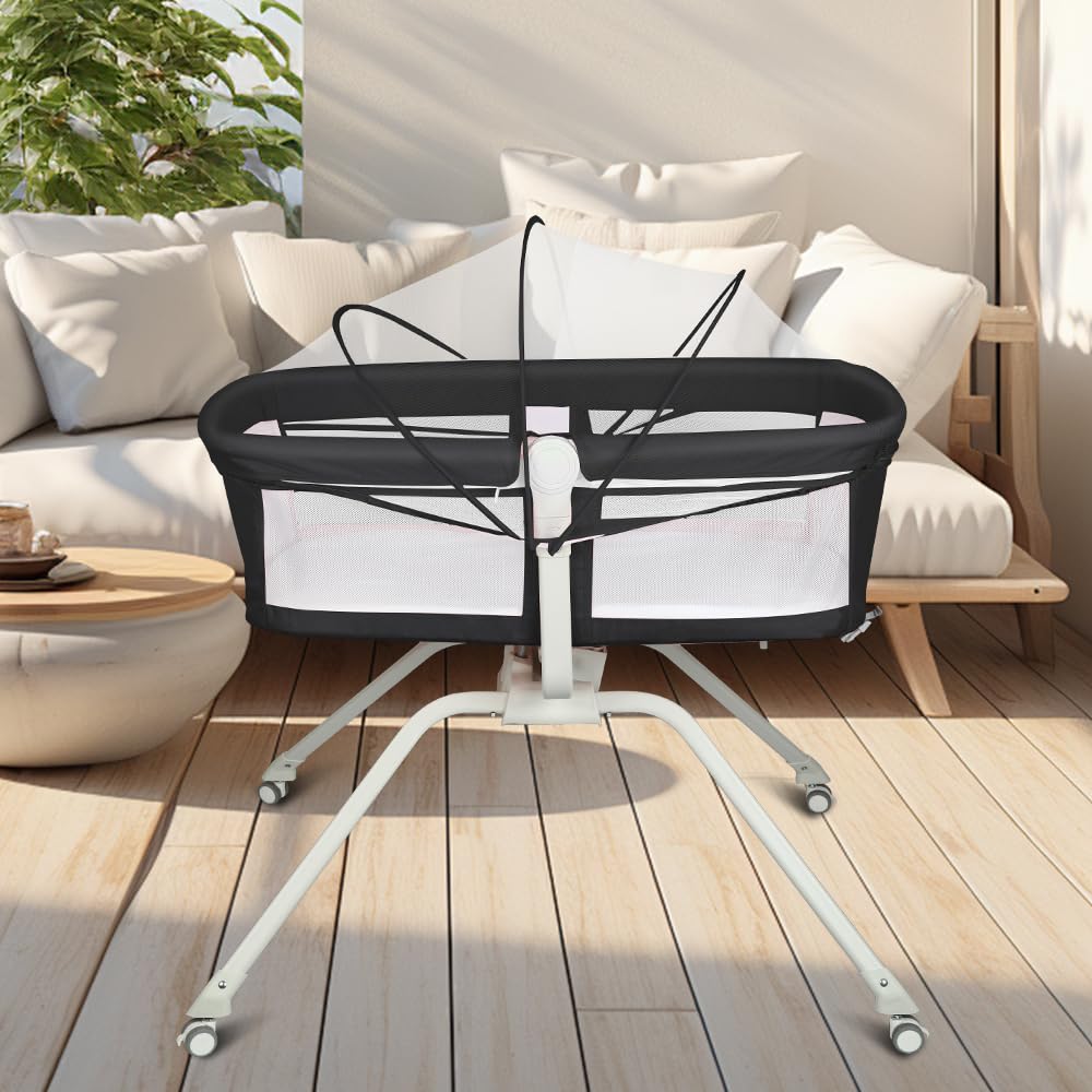 Cuna Colecho Bebé con Colchón y Mosquitera, Altura Ajustable, Cuna Plegable con Ruedas y Función Mecedora, de 0 a 36 Meses（94 * 70 * 80cm,Negro）