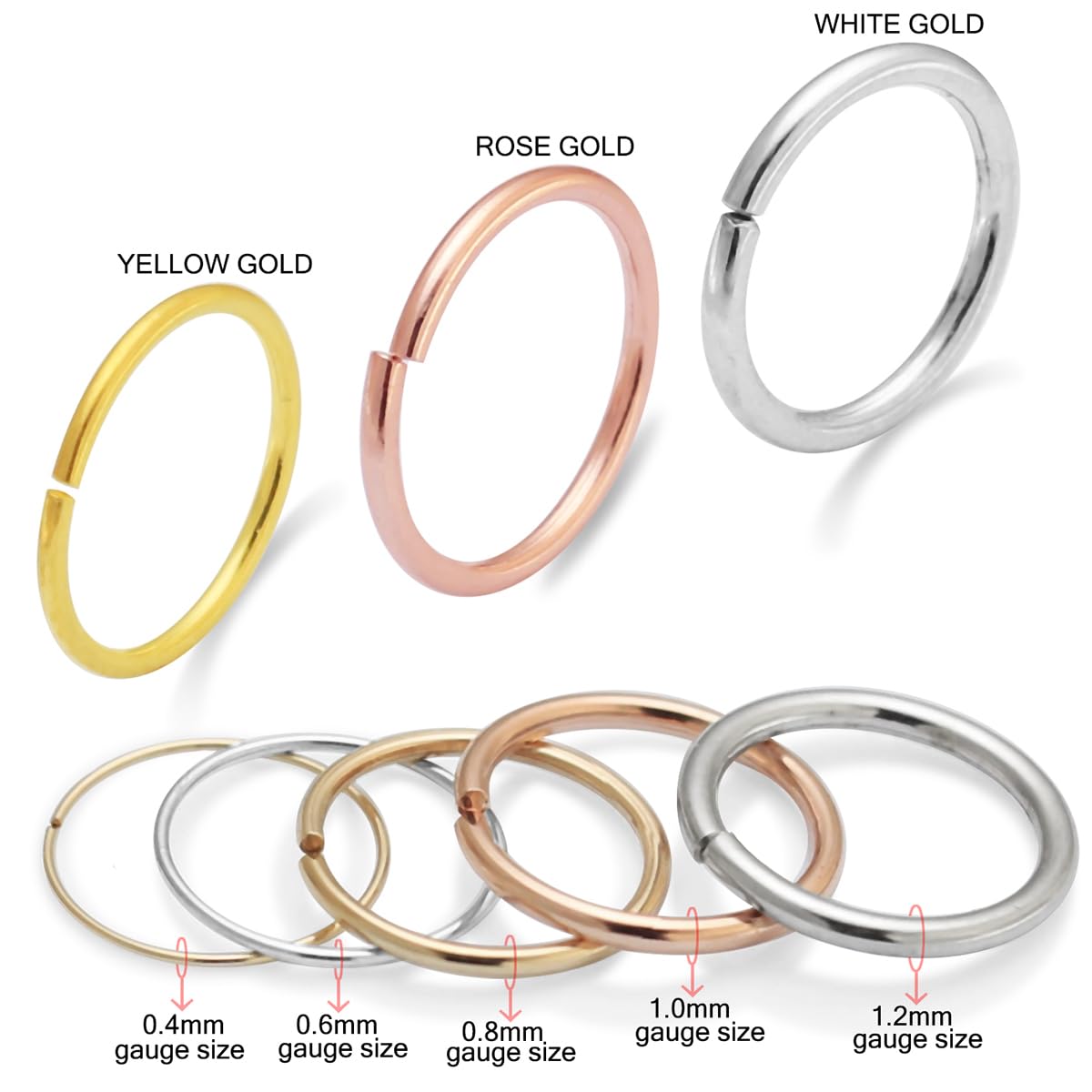 14K Solid Gold Seamless Continuous Hoop Nose Ring - Cartilage, Tragus, Helix & Daith Piercing - Available in Yellow, White & Rose Gold, Gauge(24G- 18G), Diameter (6mm-10mm), 9MM / 22G, Metall