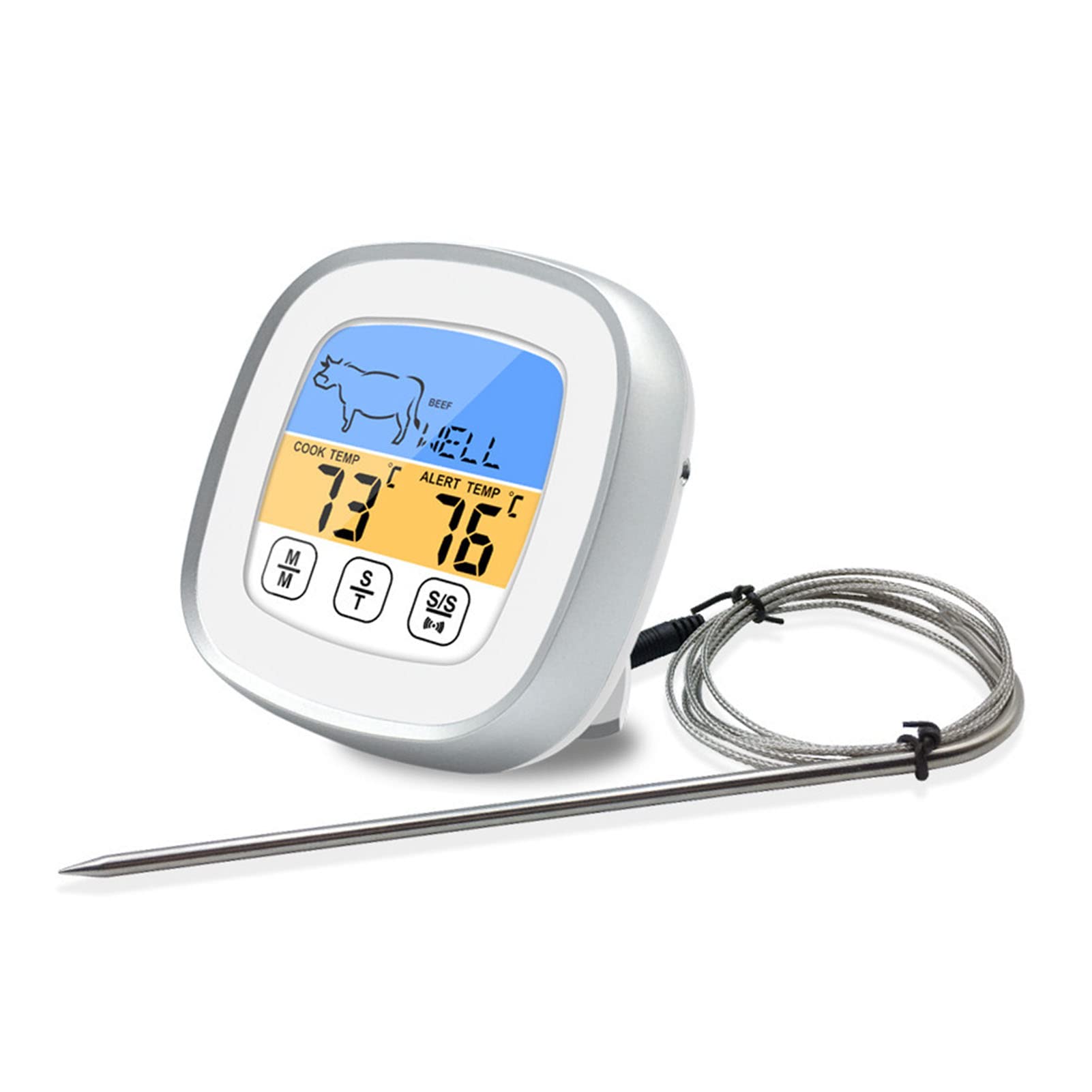 Wakects Termometro Digitale per Carne, Termometro per Alimenti Touch Screen in Acciaio Inossidabile con Preimpostazioni di Allarme e Timer Retroilluminazione, Forno per Barbecue da per Cuochi (WHITE)