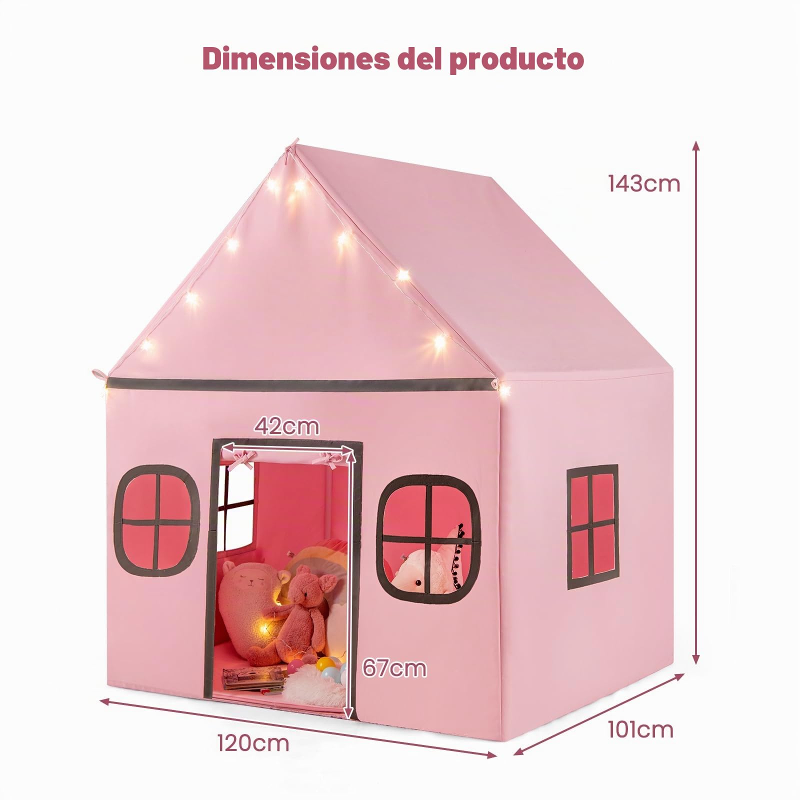 HOMASIS Tienda de Campaña Infantil con Luces de Estrellas y Alfombra Acolchada, Tipi para Niños con 4 Ventanas y Cortina 3+ Años (Rosa + Gris)