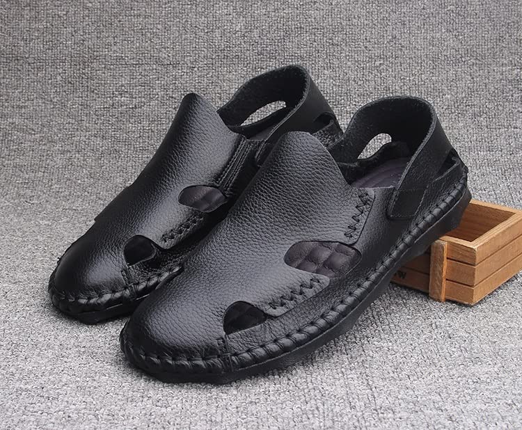 Men Leather Sandals Soft Breathable Hiking Sandals Outdoor Men Casual Slippers Beach Shoes(White-Patch Five-Pointed star4,44 Code)3