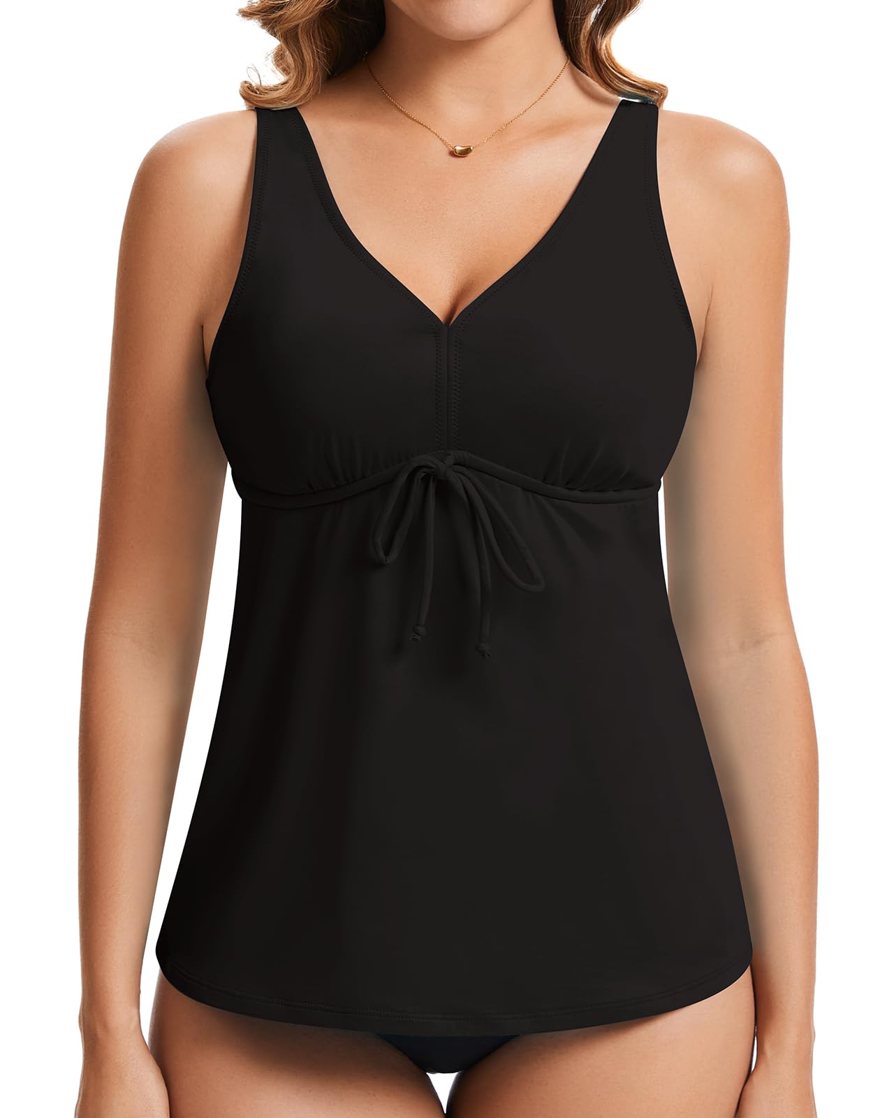 WOWENY Bade-Oberteil Damen Einzeln Tankini Damen Bauchweg V-Ausschnitt Bikini Oberteil Große Brüste Sexy Sport Badeanzug mit Cups Schnell Trocknend Strandbekleidung Schwarz S