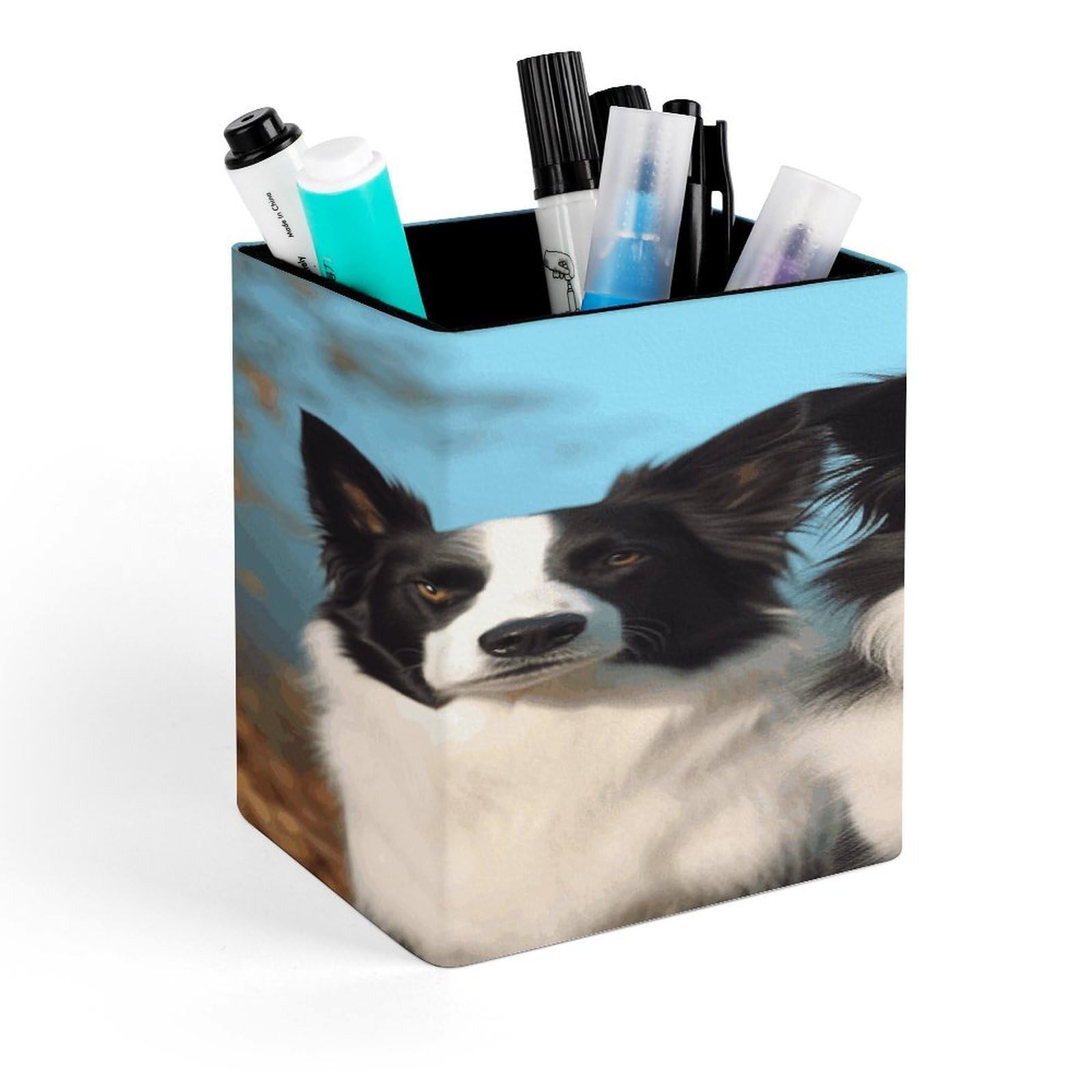 LZQPOEAS Border Collie Square Pen Pencil Holder PU Leather Pencil Cup Desktop Stationery Organizer Office Accessories Container
