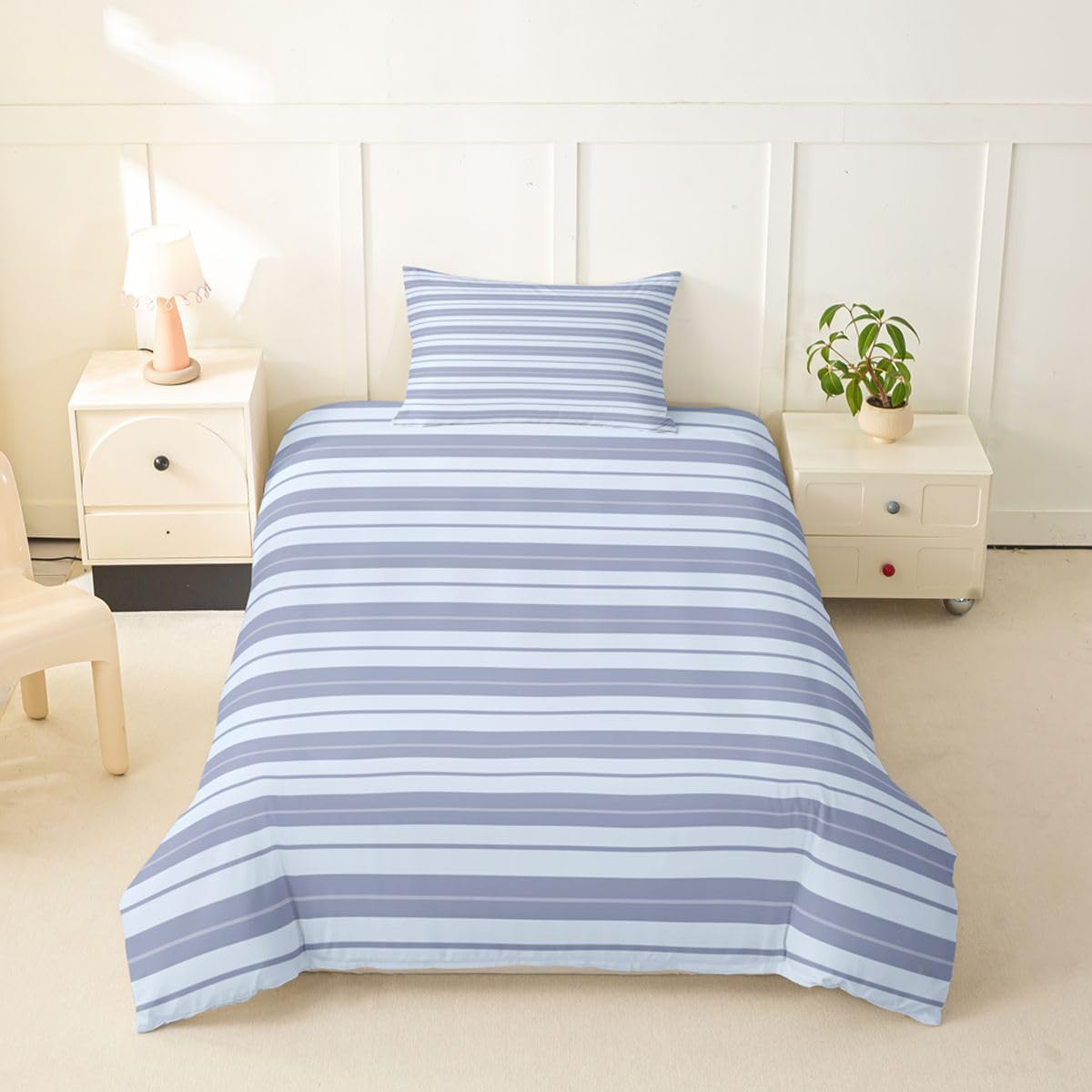 Castle Fairy Striped Kids Duvet Cover Set Toddler Size,Minimalist Stripes Girls Boys Bedding Set,Modern Simple Style Striped Room Decor,Light Blue Quilt Cover,1 Pillowcase(No Comforter) image 2