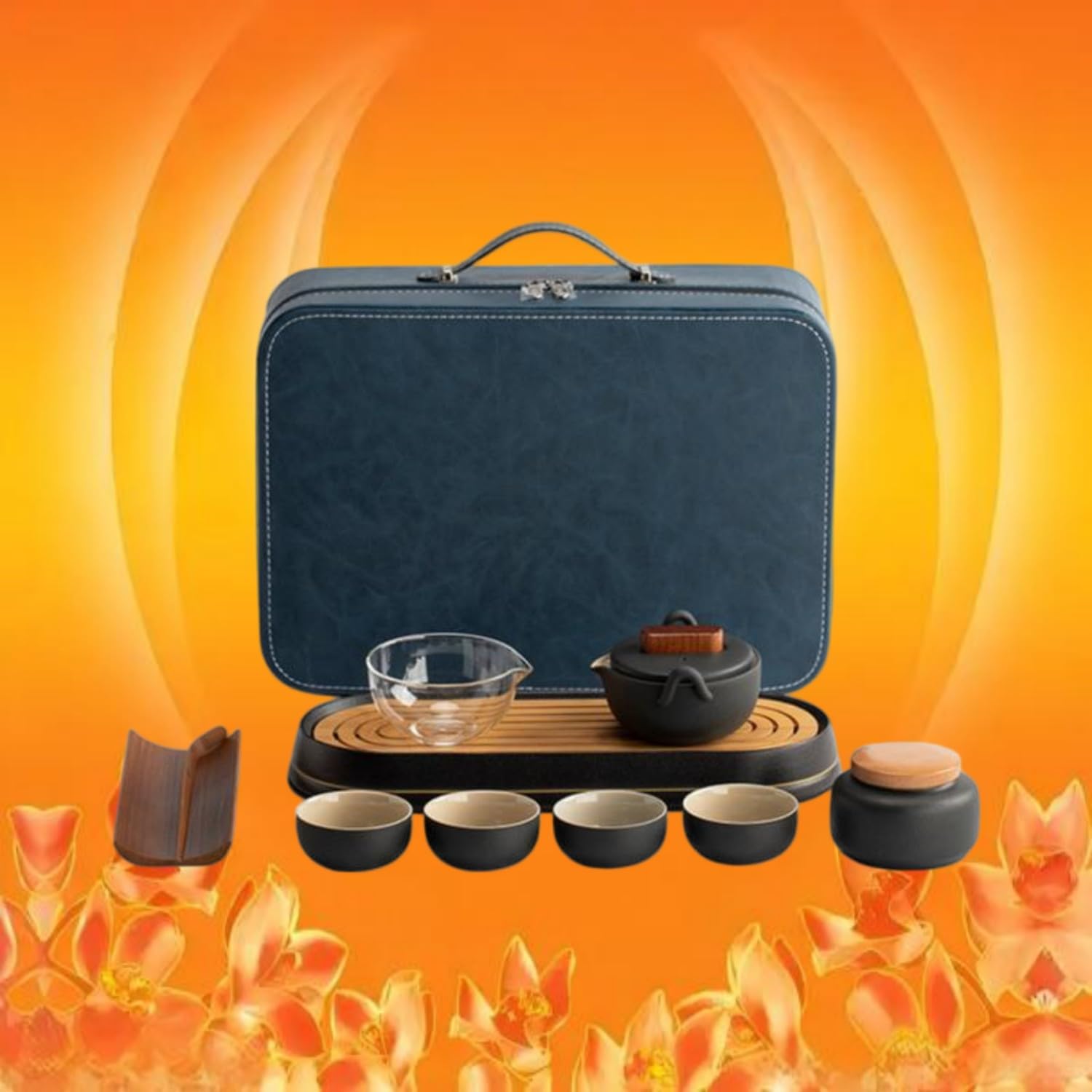 禅风黑-标准 Glass Tea Cup,Ceramic cup Set,Zi Sha Tea Cup,Ceramic Teapot,Purple Clay Tea 陶瓷茶具带包套装便携式 Ceramic Coffee Mugs Set,Microwave & Dishwasher Safe,Gift for Man and Women