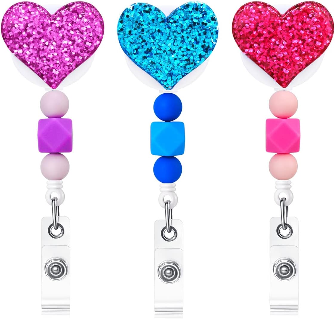 Ascrafter 3 Pack Bling Heart Badge Reel Retractable, Beaded Badge Clip on ID Name Card, Glitter Love Heart Badge Holder for Nurse Teacher