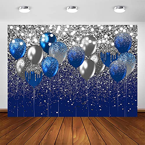 Avezano Royal Blue Glitter Backdrop for Birthday Wedding Prom Graduation Photography Background Party Glitter Blue Balloon Party Decorations Photoshoot Photobooth (10x7ft, Blue and Silver)