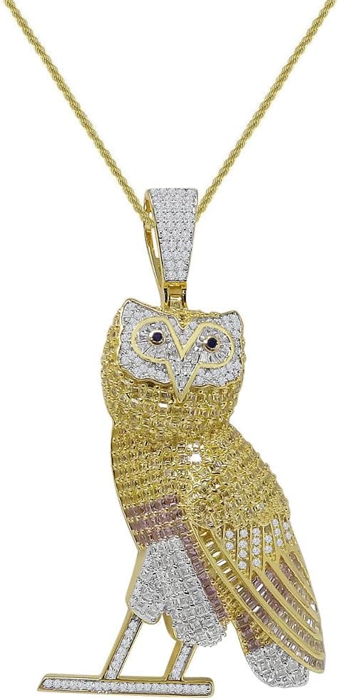 Big Bold 2.65 Inch. 35+ Grams Authentic Italian Sterling Silver VVS1D 3.50 Ctw. Baguette/Round Cut Simulated Diamonds 14K Gold Bonded Midnight Owl Charm Pendant Free Chain Neckless