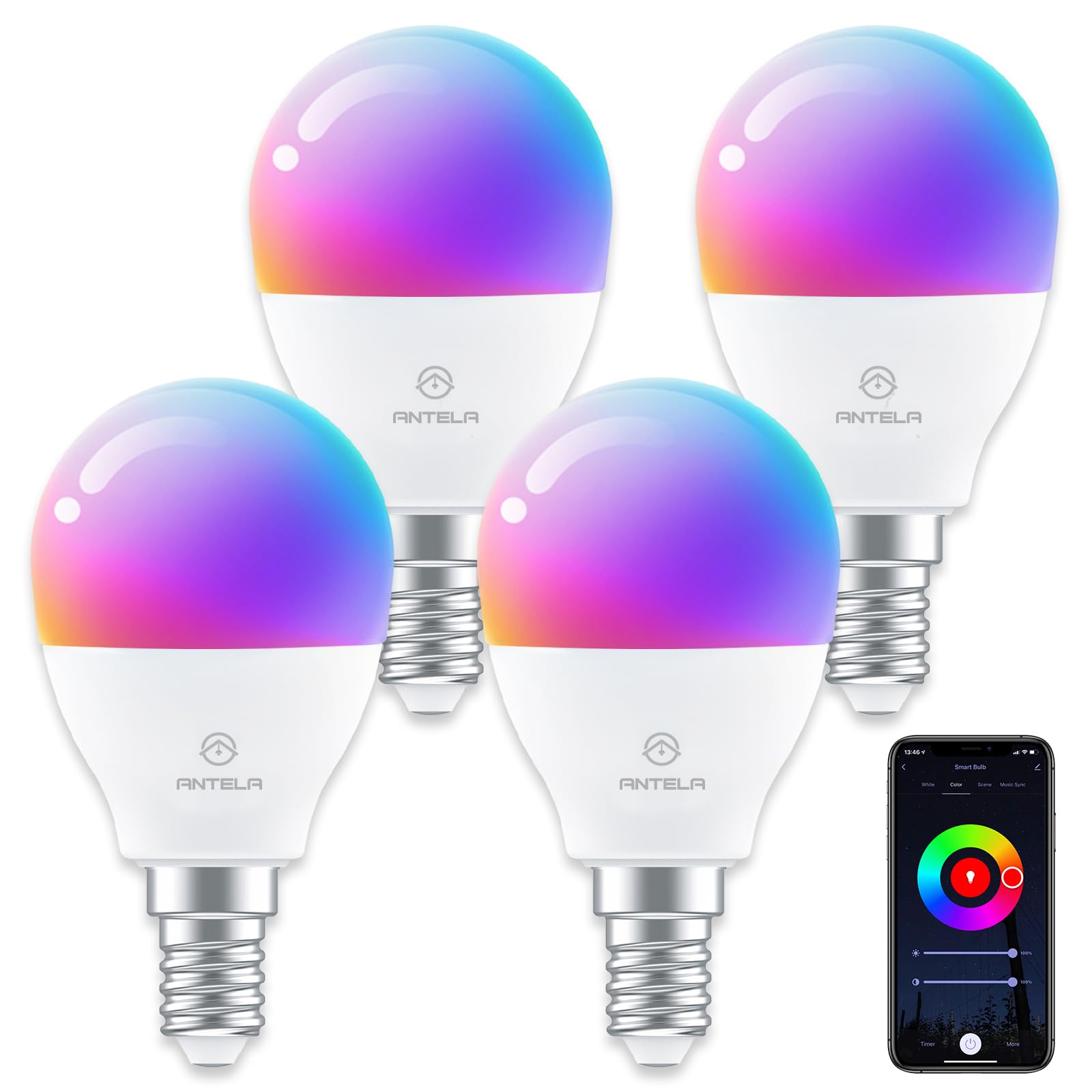 ANTELA Ampoule Connectée WiFi G45 E14 4.5W Ampoule LED Intelligente RGB+CCT 2700K-6500K Compatible avec Alexa, Google Home, Télécommande, Commande Vocale, 4 PCS
