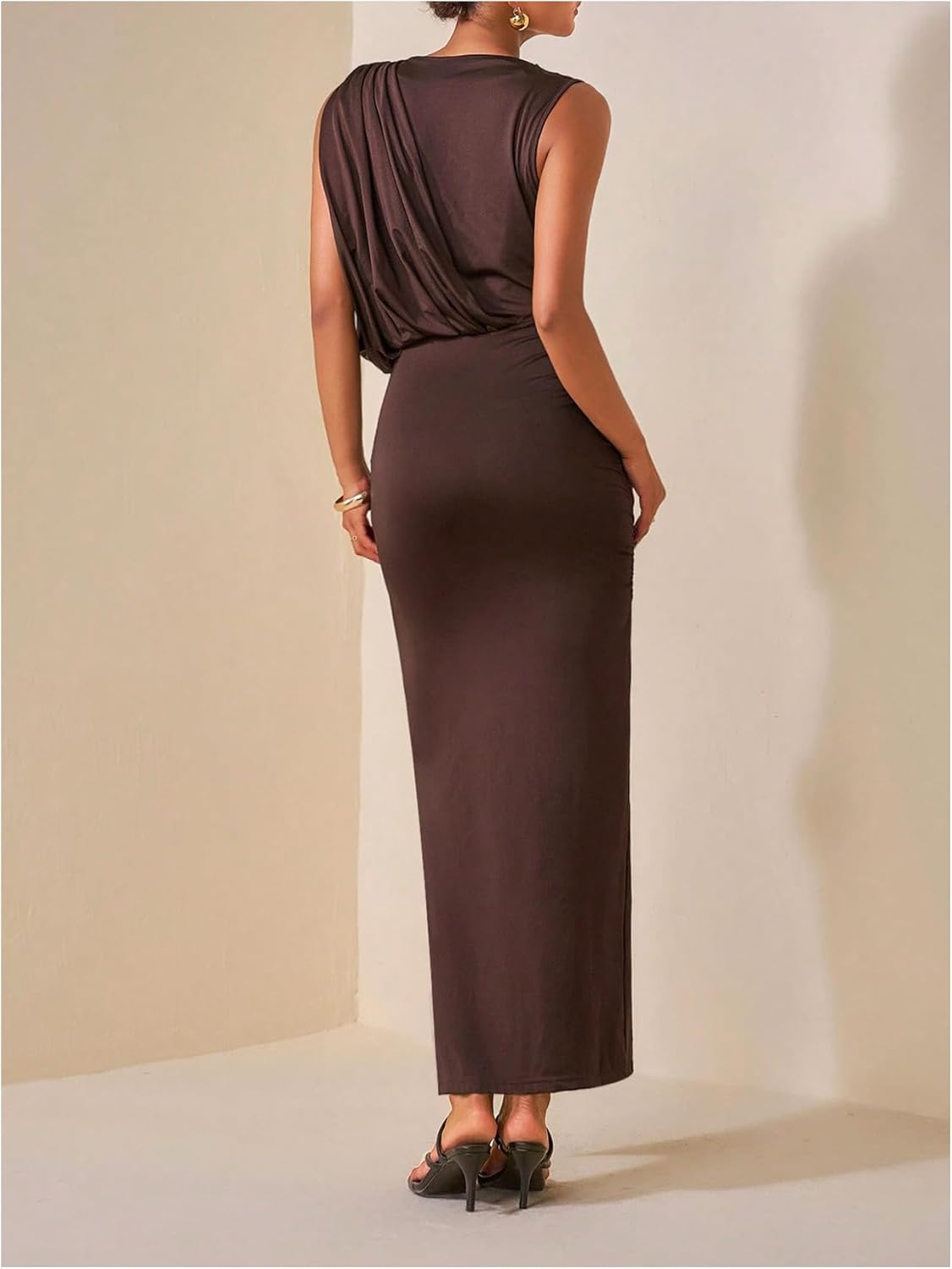 GORGLITTER Women's Ruched Cocktail Bodycon Maxi Dress Sleeveless Wedding Guest Metallic Floral Long Dresses - Image 3