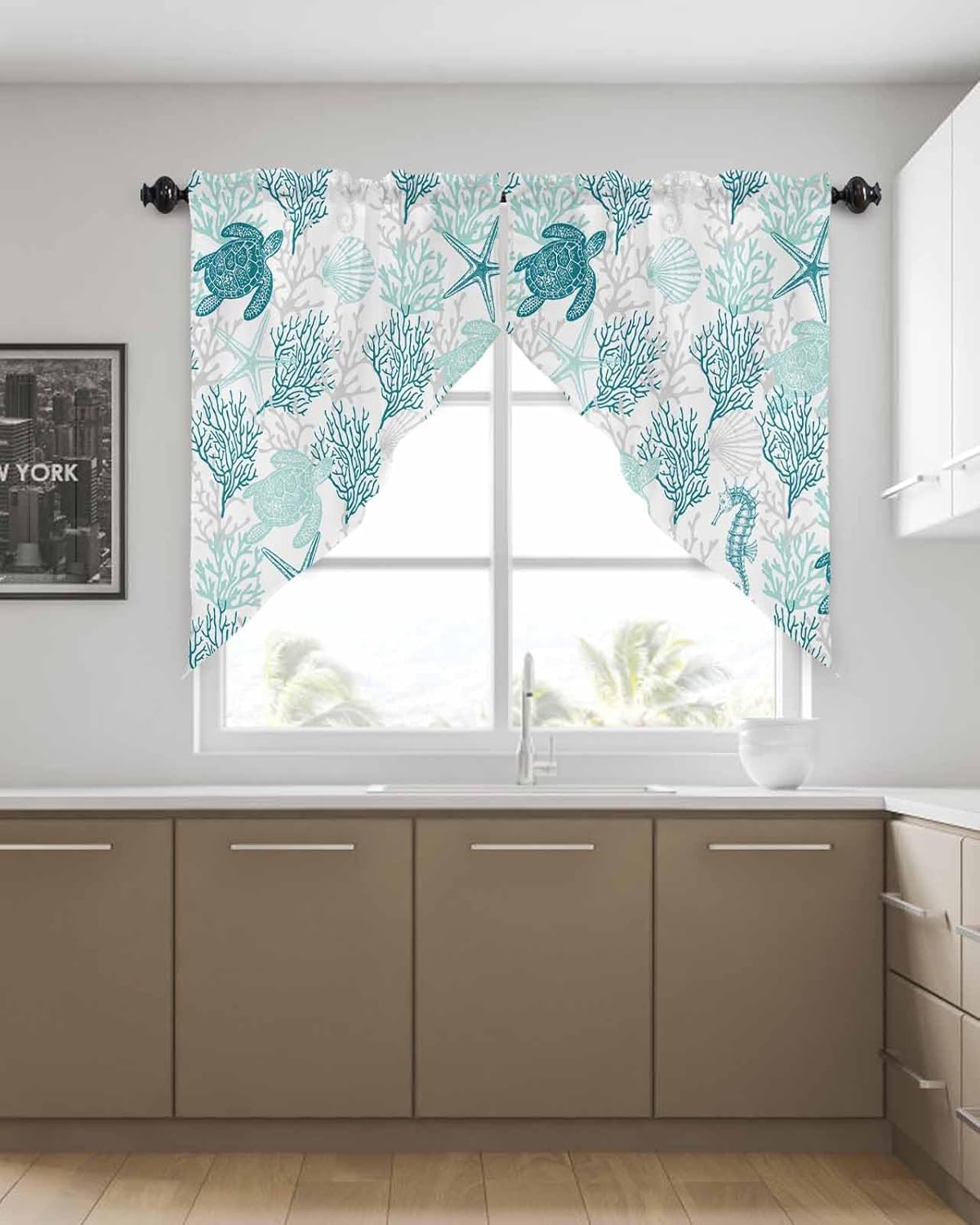 SEVENBABU Swag Curtains for Windows Semi-Sheer Curtains Window Valance Rod Pocket Kitchen Valance Summer Turtle Coral Shell Starfish Green Swag Curtains Valances for Living Room 36x36 Inch,2 PCS