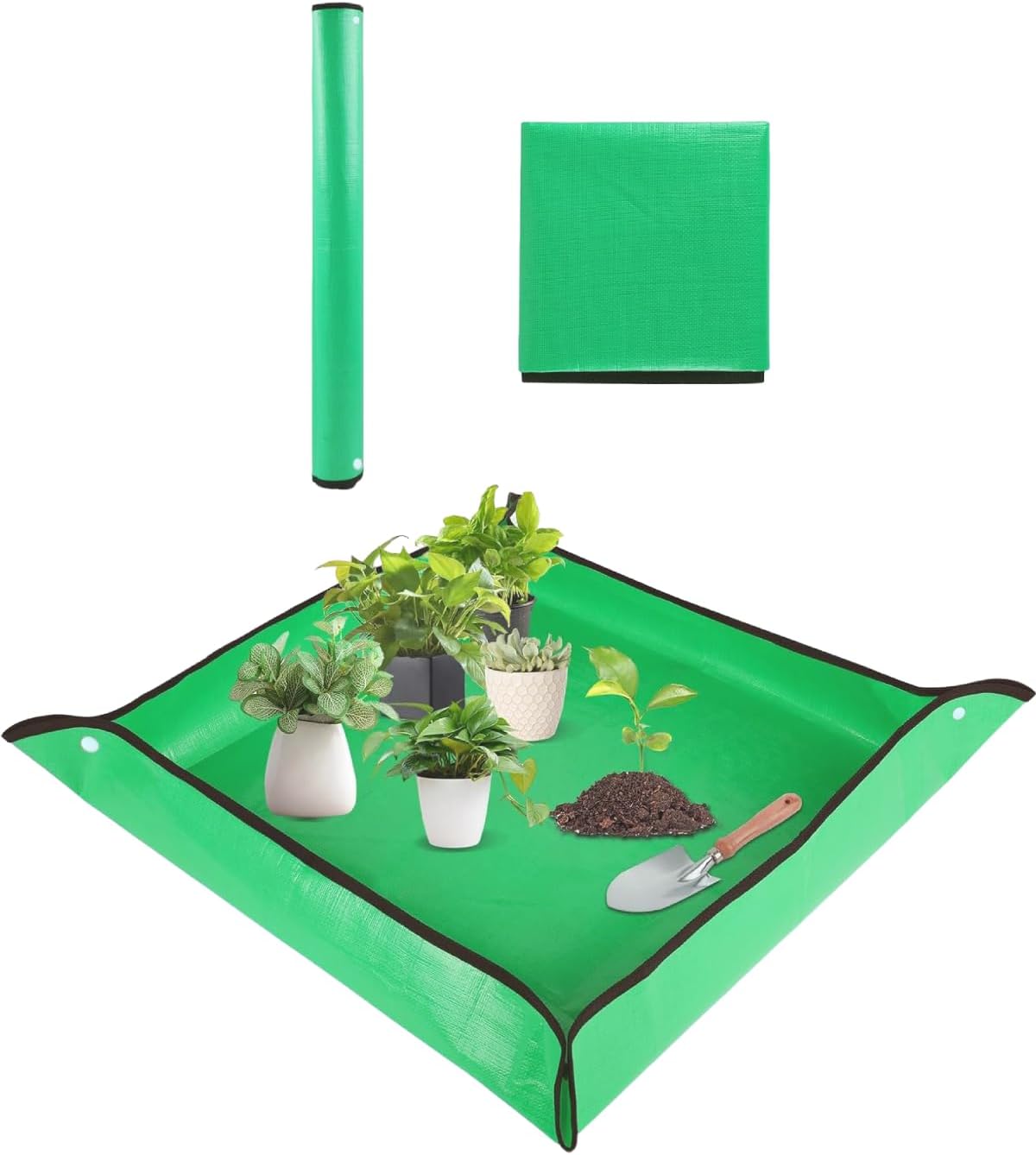 Plant Repotting Mat, Waterproof Gardening Mat for Indoor Plants, Thickened PE Potting Mat with Copper Buckles for Mess Control, Foldable Succulent Transplanting Mat, Green (29.5"*39.4")