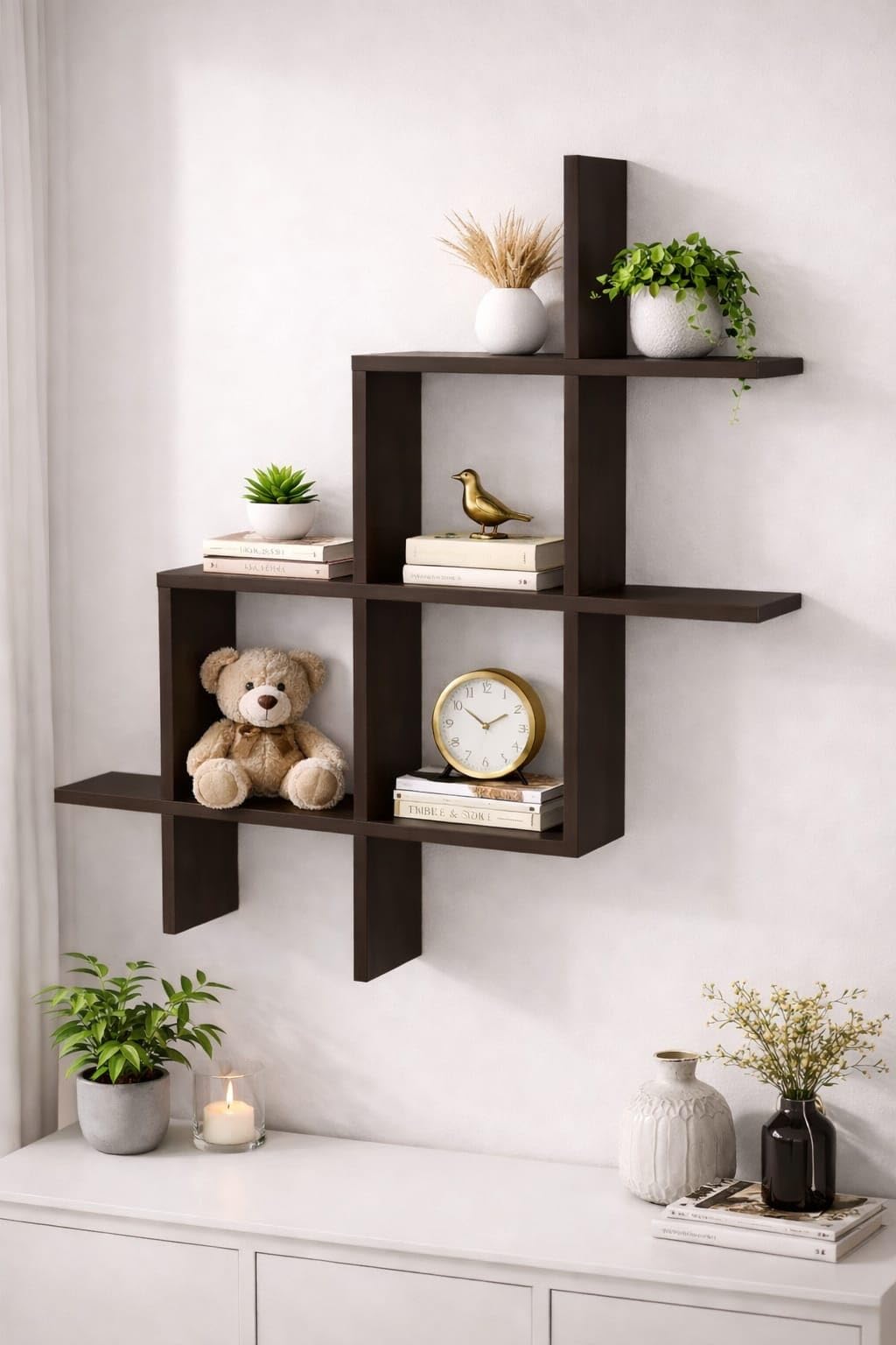 brown wooden floating wall shelf for living room | wall mounted display shelf for bedroom, office & home decor | books, plants, photo frames & showpieces | storage rack