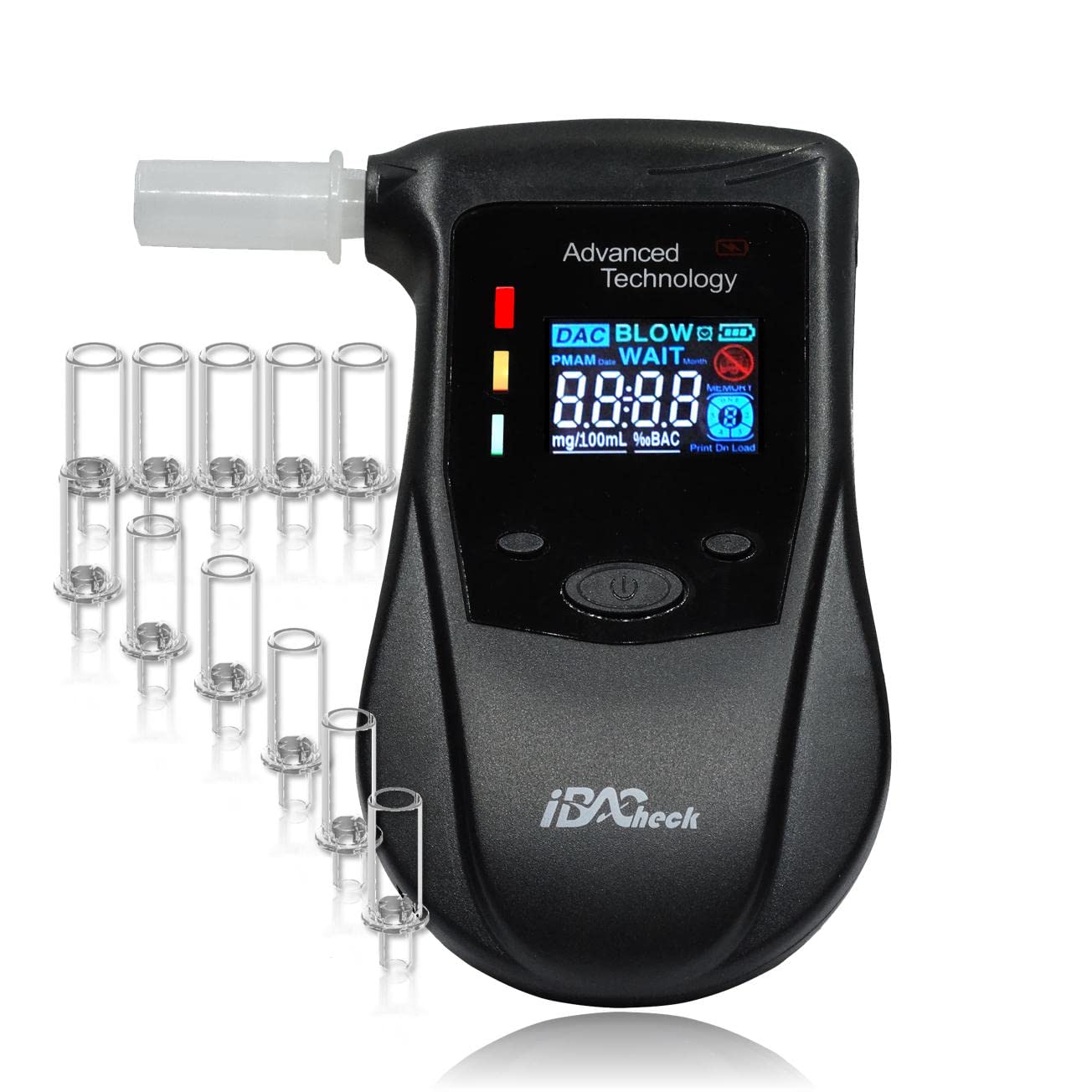 iBACheck breathalyzer with Rechargeable Battery & pre-Alert Function 10 Memories with Extreme Low Power Consumption and can Last 200 Tests After Fully Charge. 4 Default Unit Setting (4 Color Display)
