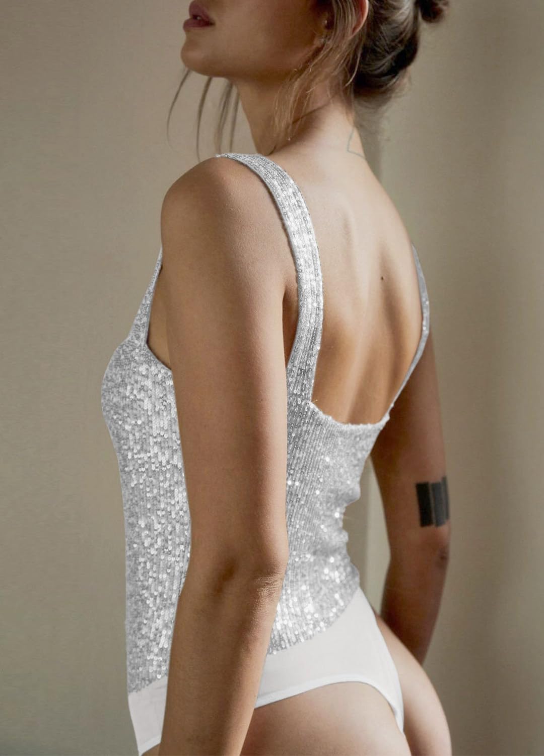 Naimo Body da donna con paillette, sexy, scollo a V, per feste, club, cami, senza maniche, con glitter