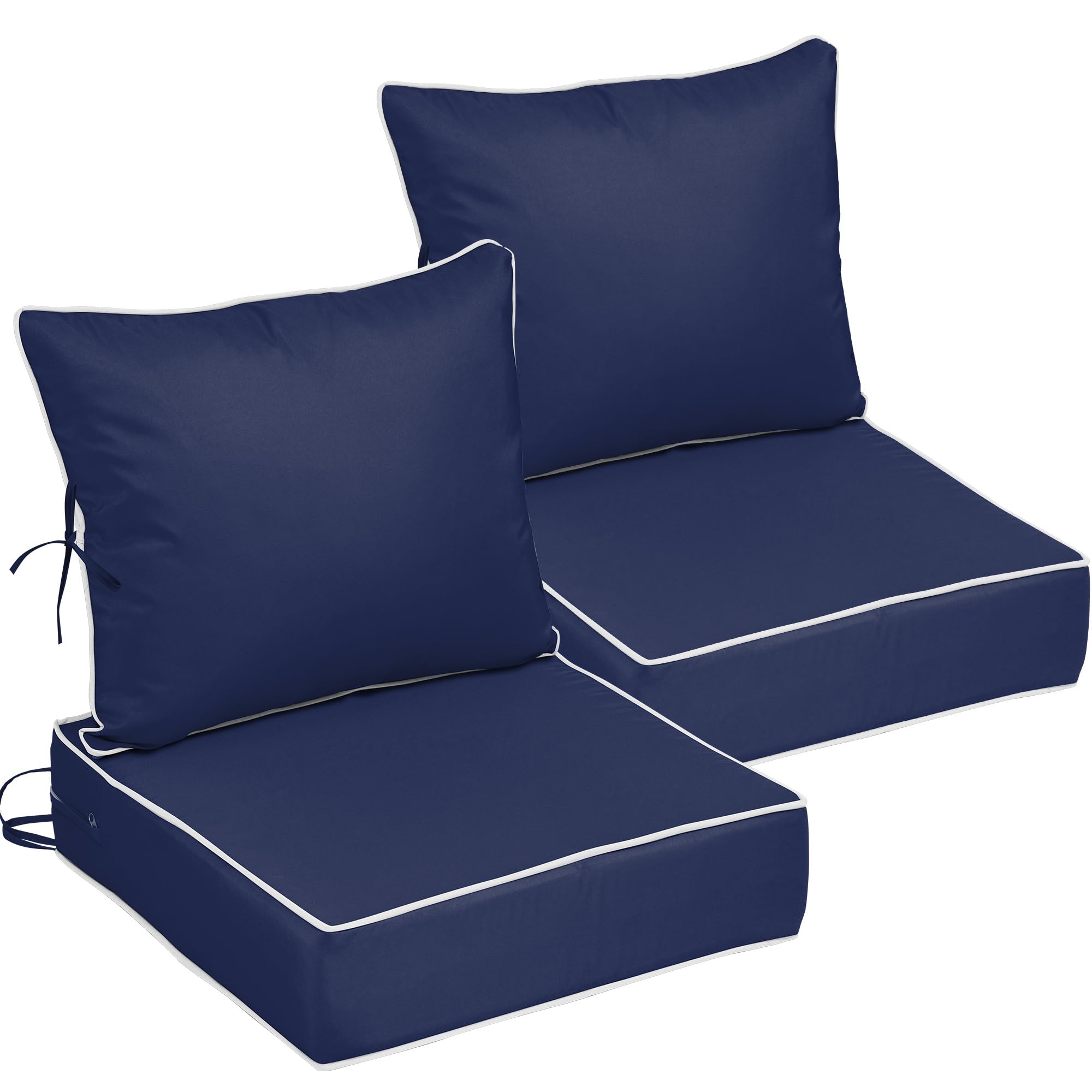22x24 Outdoor Chair Cushions Set of 2, Waterproof Deep Seat Cushions for Patio Furniture with Removable Cover, Fade Resistant 4'' Outdoor Seat Cushion w/Ties&amp;Handle for Sofa Loveseat,Navy+Piping