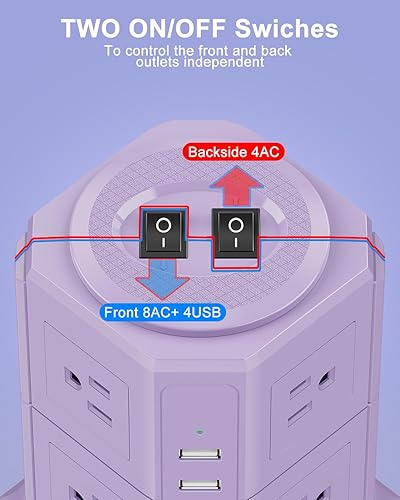 Miniatura 7 de Torre de regleta de enchufe plano con 8 tomas, 4 puertos USB (2 tipo C), regleta protectora de sobretensiones con cable de extensión de 6.5 pies,