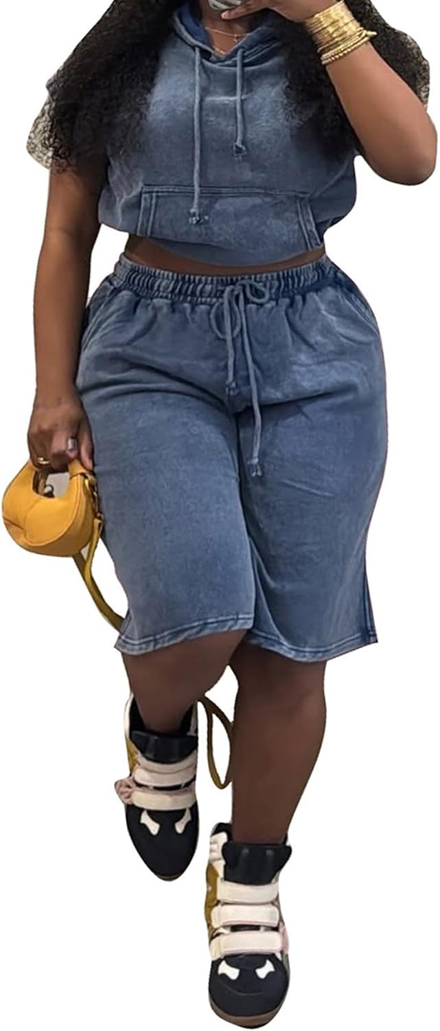 LKOUS Women's 2 Piece Short Sets Hoodie Tank Top and Drawstring Knee Length Shorts Sweatsuits Summer Matching Set